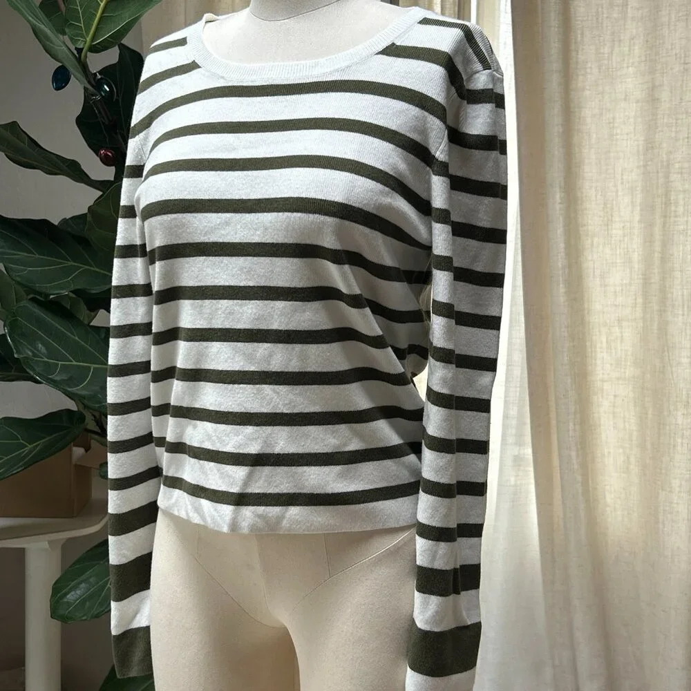 Maeve by Anthropologie‎ Olive Stripe Knit Sweater Top Coastal Classic XL